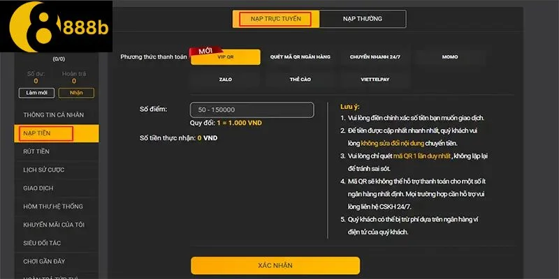 NẠP TIỀN 888B 888B cung cấp cho bet thủ hai cội giao dịch tiện lợi.